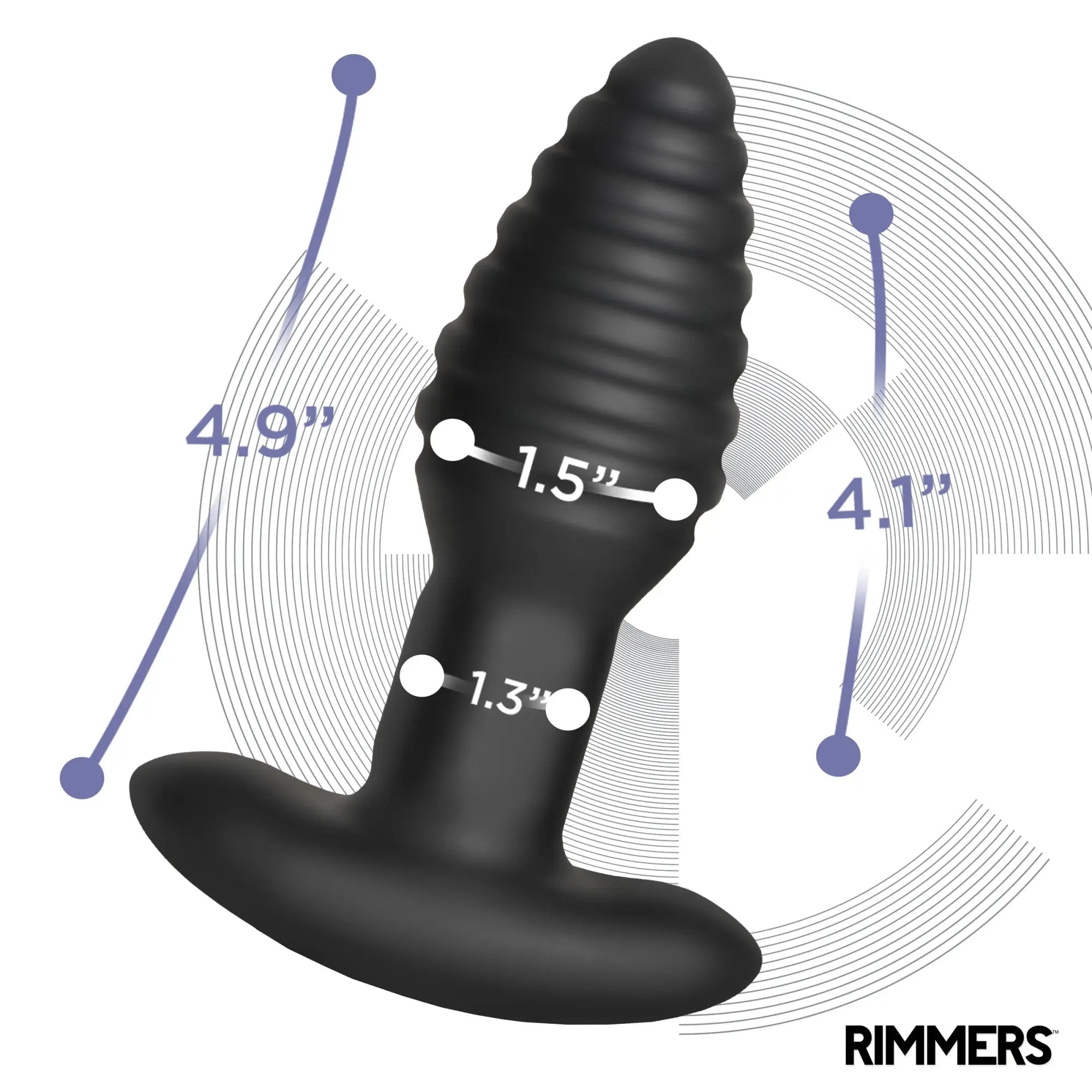 Black Rimmers Model-E ribbed vibrating plug with T-shaped base, featuring diagrammatic measurement labels.