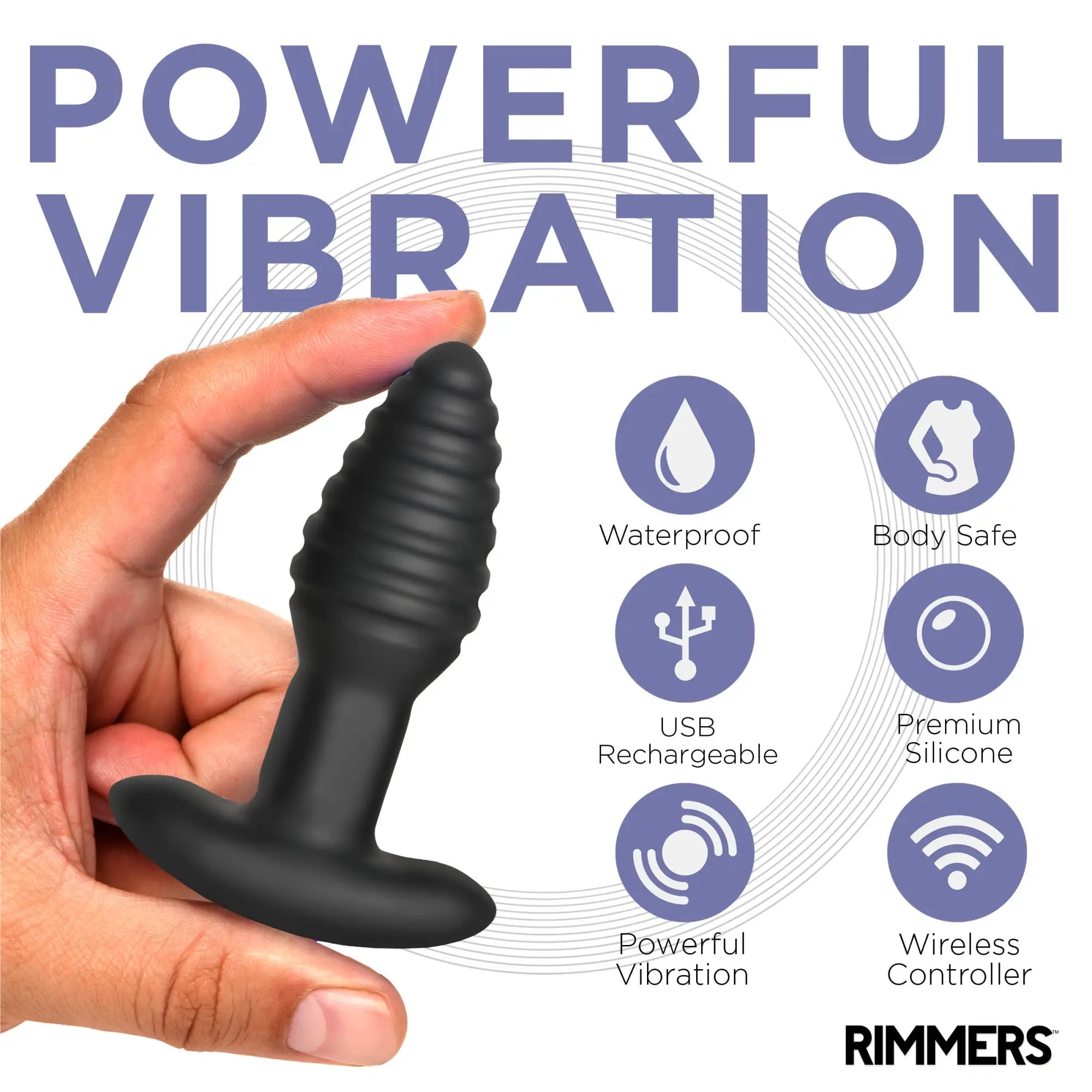 Hand holding a black, ribbed Rimmers Model-E vibrating plug with icons for its remote, silicone, and waterproof features.