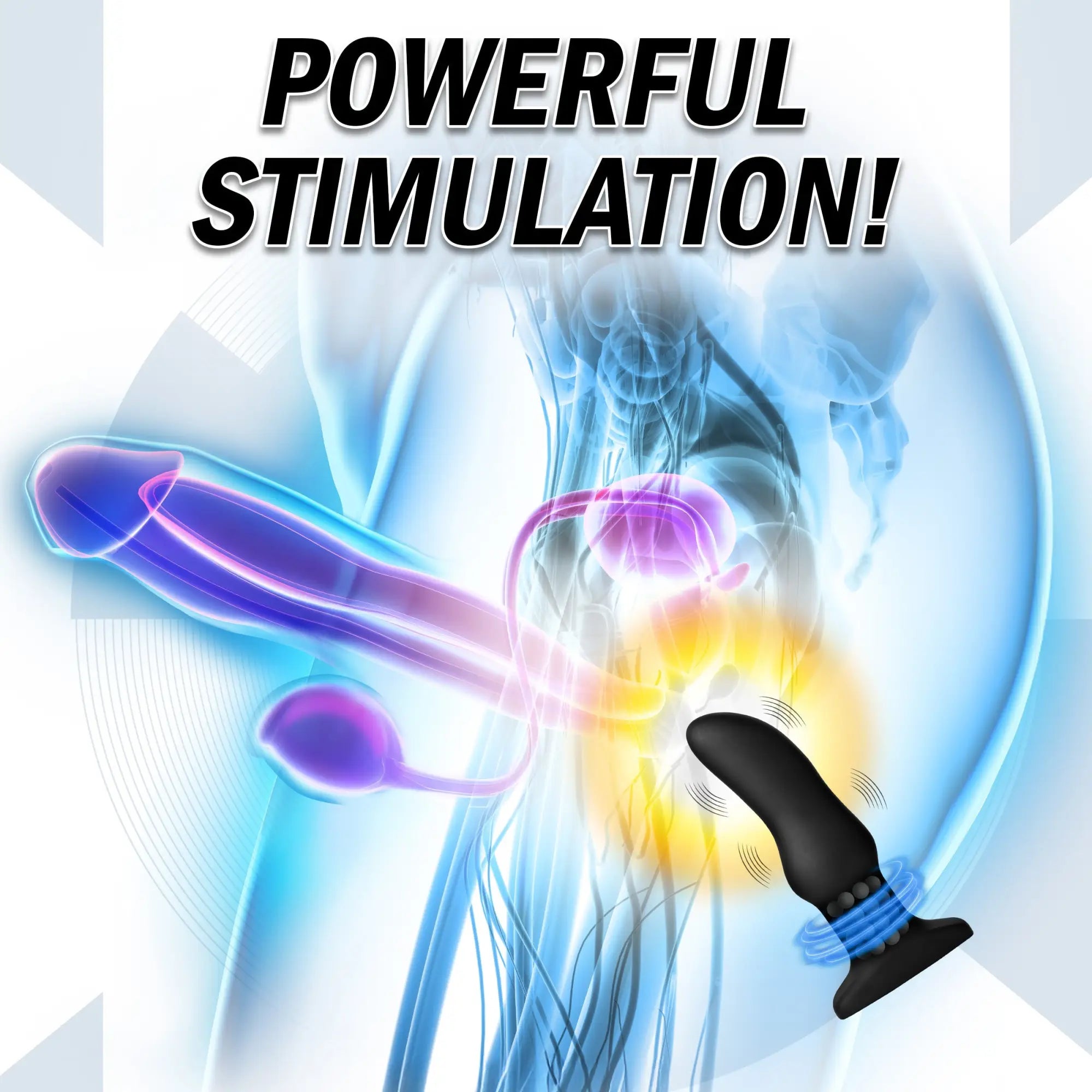 Rimmers Model M curved black silicone plug shown against an anatomical diagram with a "Powerful Stimulation!" heading.