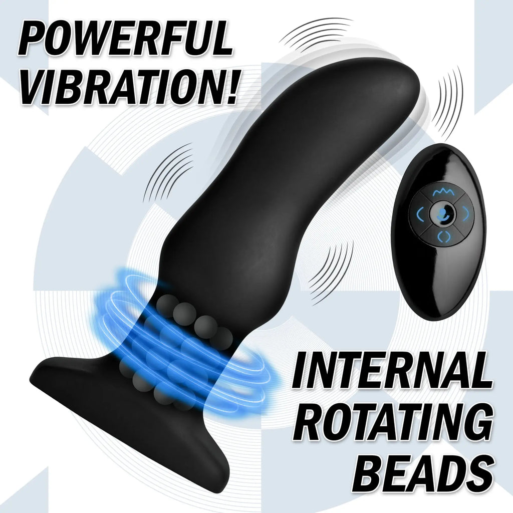 Rimmers Model M: a curved black vibrating plug with internal rotating beads, accompanied by a matching remote control.