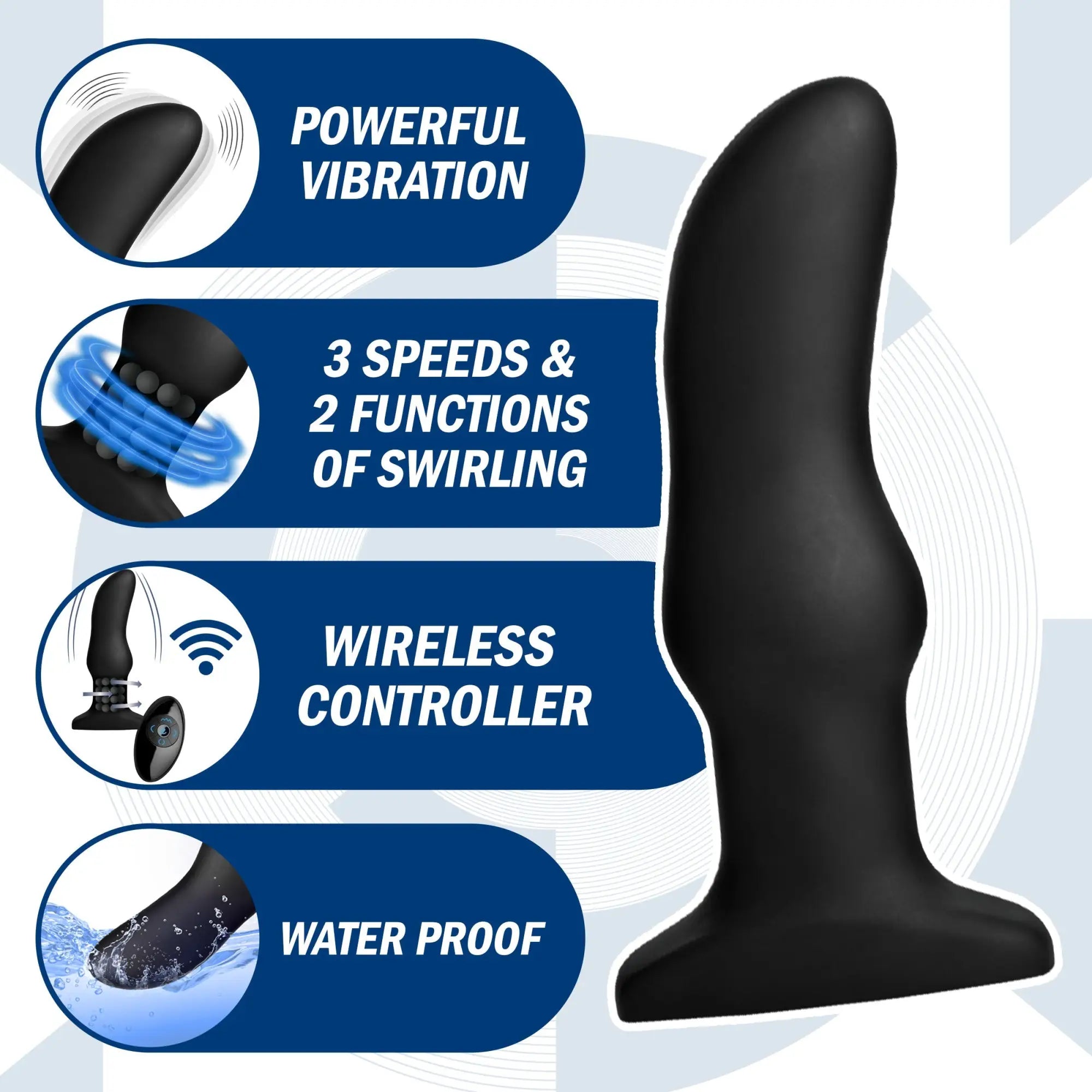 Rimmers Model M: Black, curved silicone rimming plug with wireless remote, featuring vibration and swirling functions.