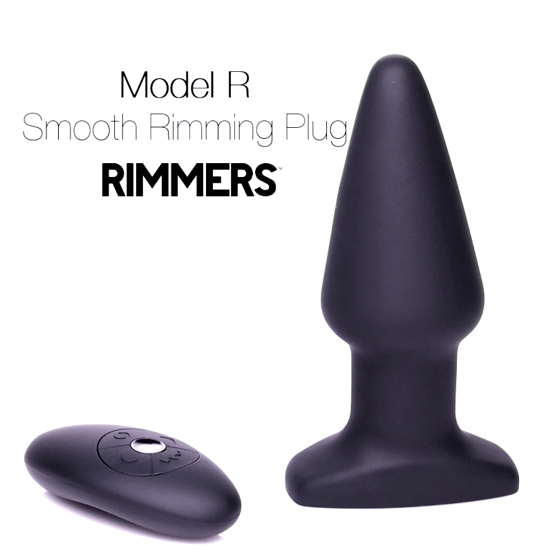 Rimmers Model R Smooth Rimming Plug in matte black, featuring a tapered design and a matching wireless remote control.