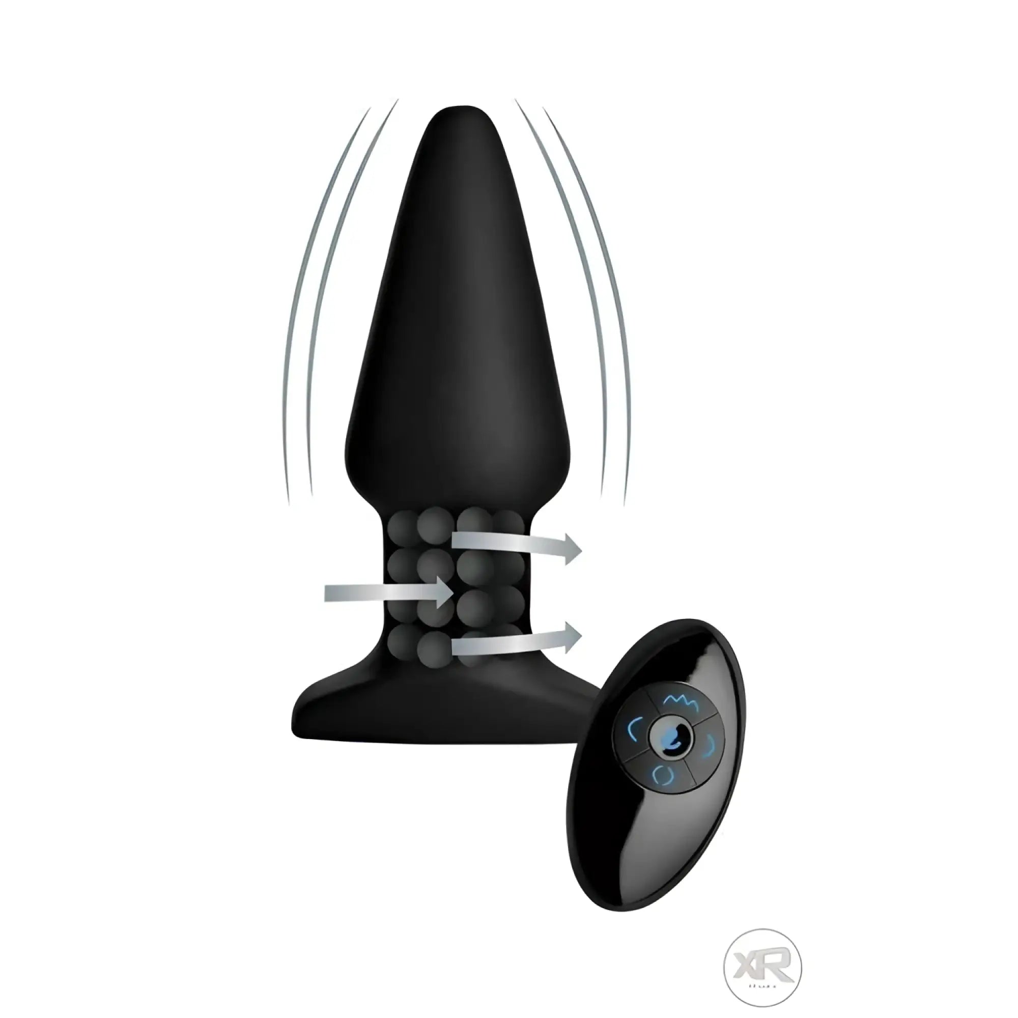 Black Rimmers Model R smooth, textured-base vibrating plug with matching wireless remote control.