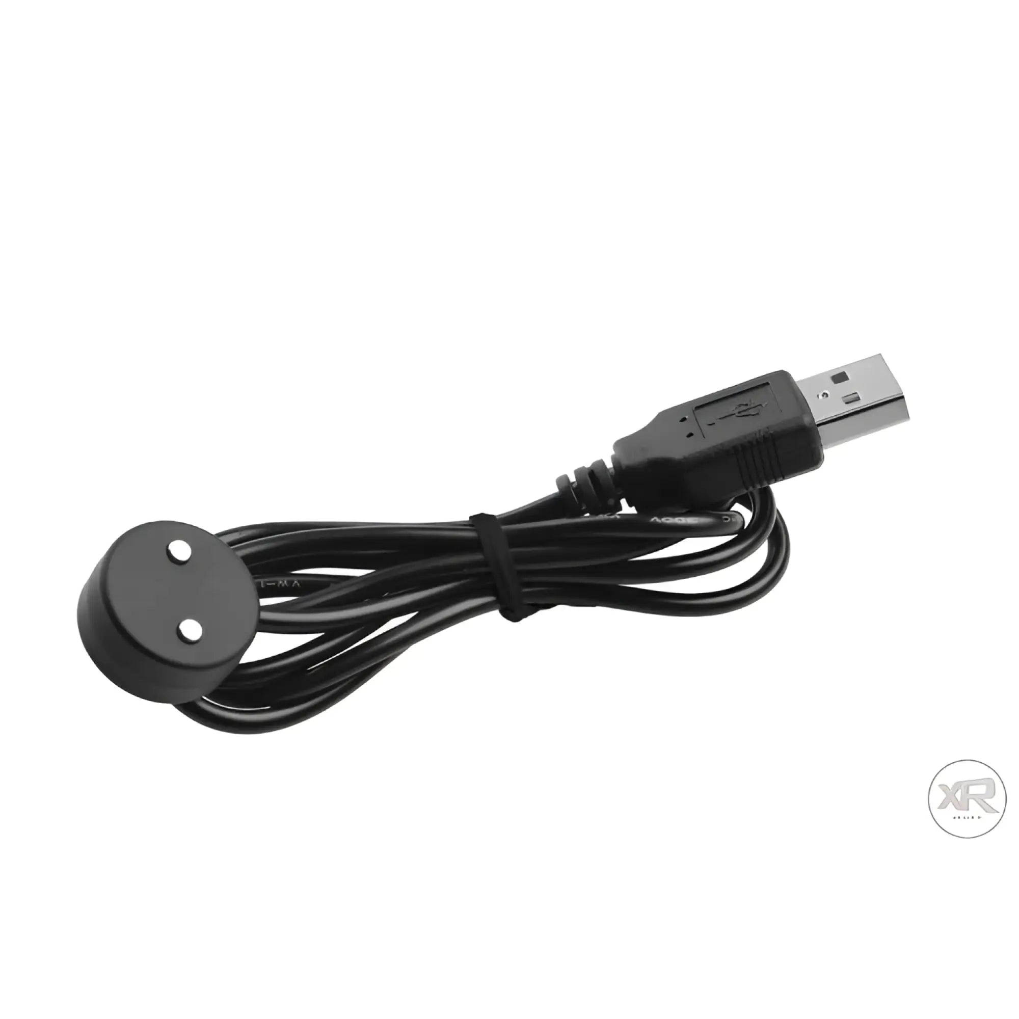 Rimmers Model R magnetic charging cable, black, with a circular two-pin connector and a USB plug.