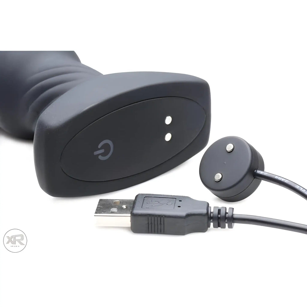 Black Rimmers Slim R Smooth Rimming Plug with a magnetic USB charging cable and power button on the base.