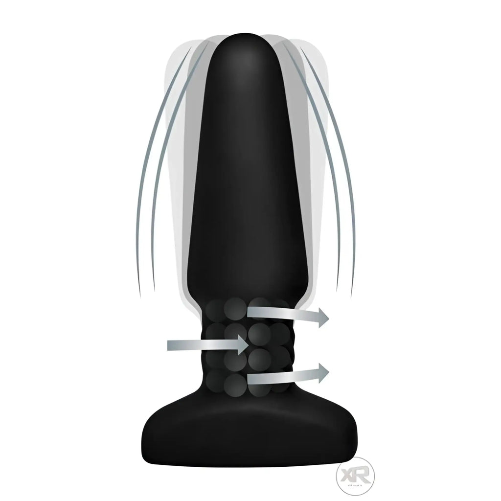 Rimmers Slim R Smooth Rimming Plug in matte black, showing vibration motion and textured base with directional arrows.