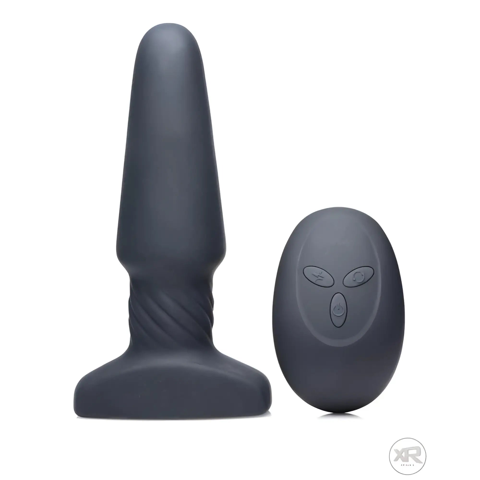 Rimmers Slim R smooth charcoal grey silicone rimming plug with a matching oval three-button remote control.