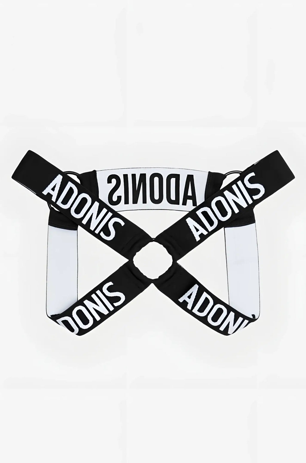 Ring black harness with black and white branded straps featuring bold adonis lettering across the front