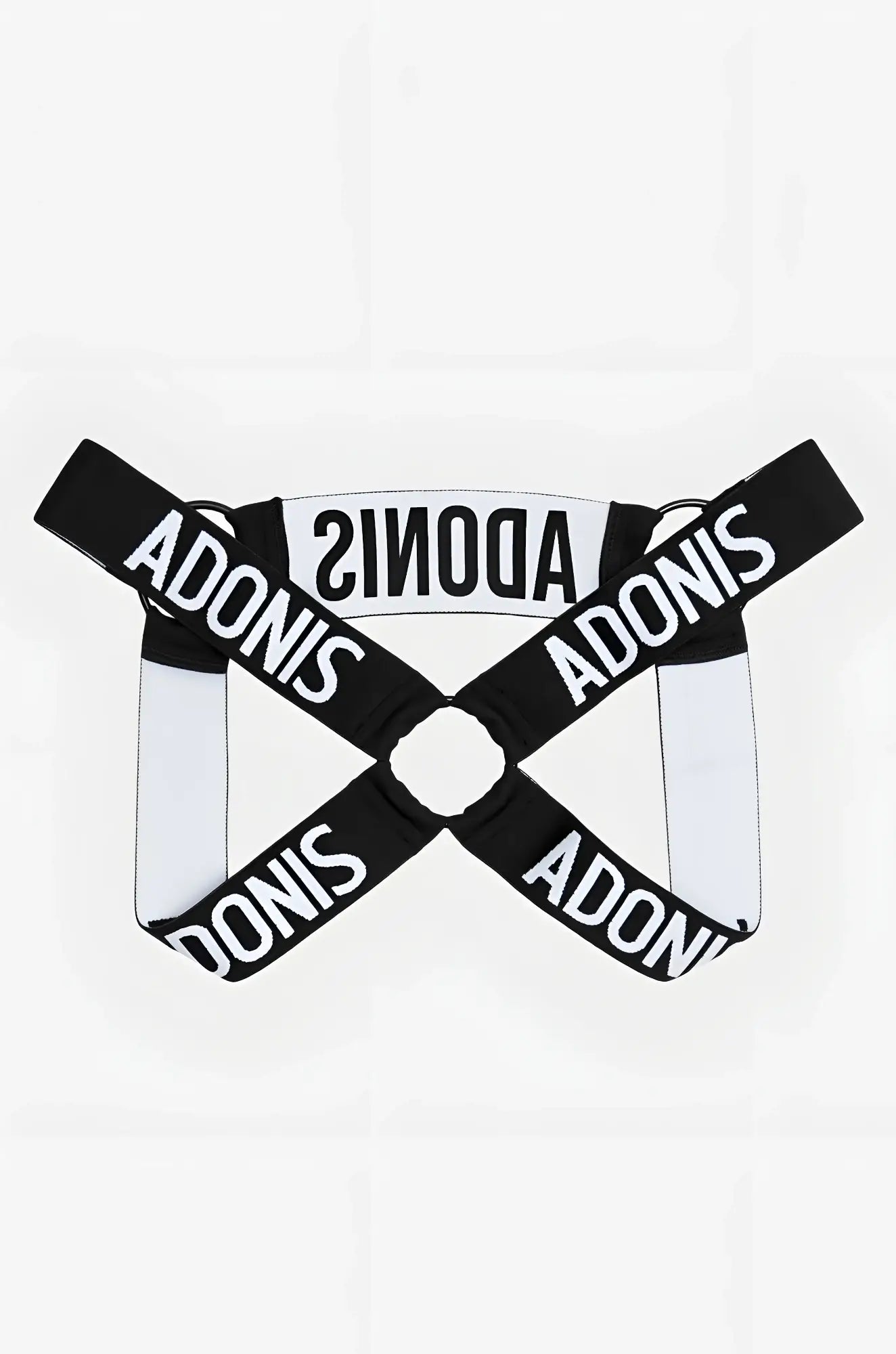 Ring black harness with black and white branded straps featuring bold adonis lettering across the front