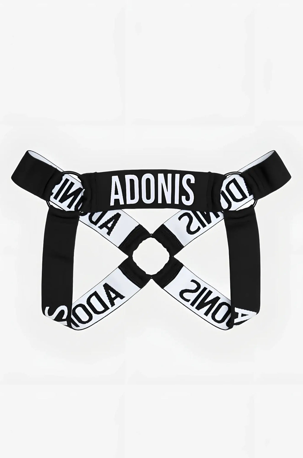 Black and white ring black harness suspenders with bold adonis lettering across the straps