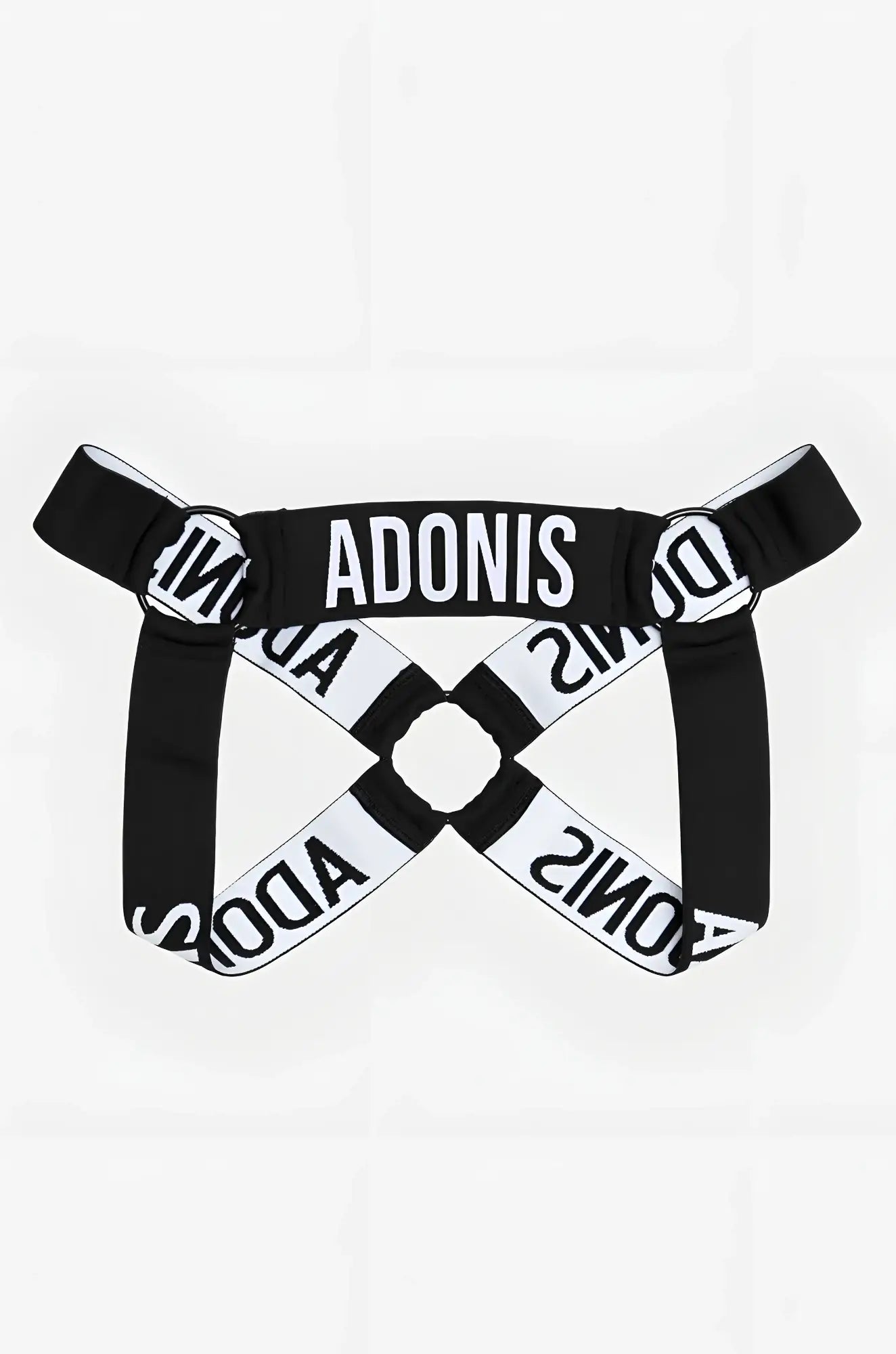 Black and white ring black harness suspenders with bold adonis lettering across the straps