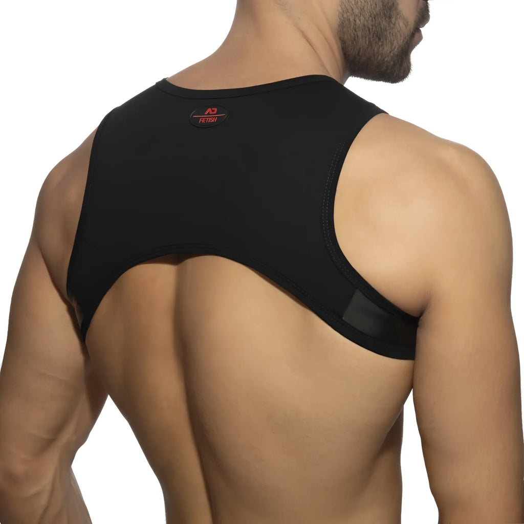 Black ad fetish ring plan harness back support garment with sleek form-fitting design for posture and style
