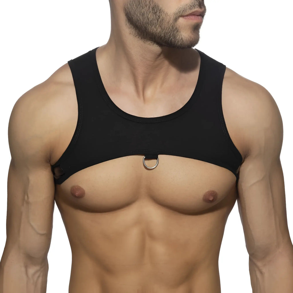 Black sleeveless ring plan harness top featuring a silver metal ring at the center front for edgy style