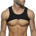 Black sleeveless ring plan harness top featuring a silver metal ring at the center front for edgy style