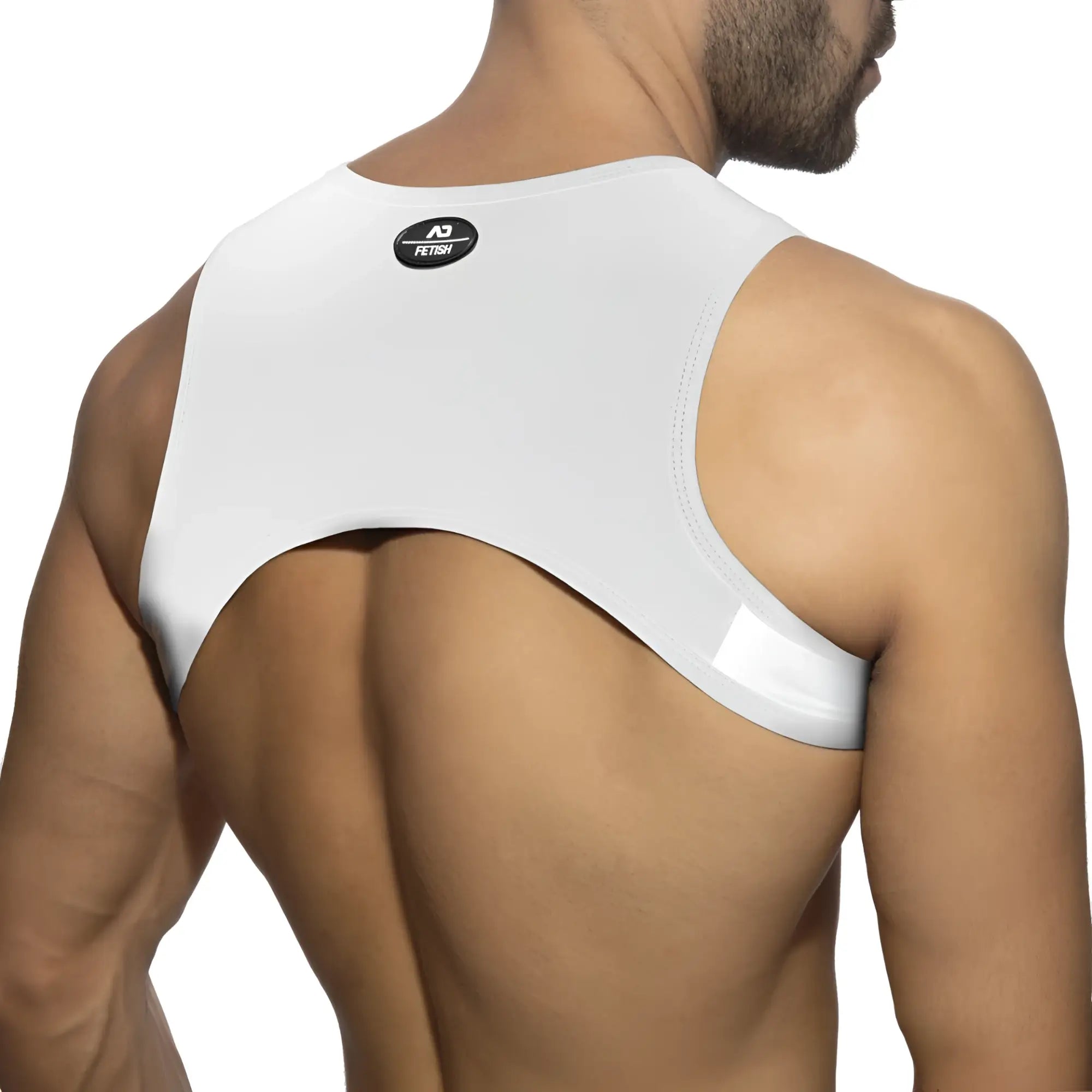 White ad fetish ring plan harness athletic top with sleek form-fitting design and smooth fabric