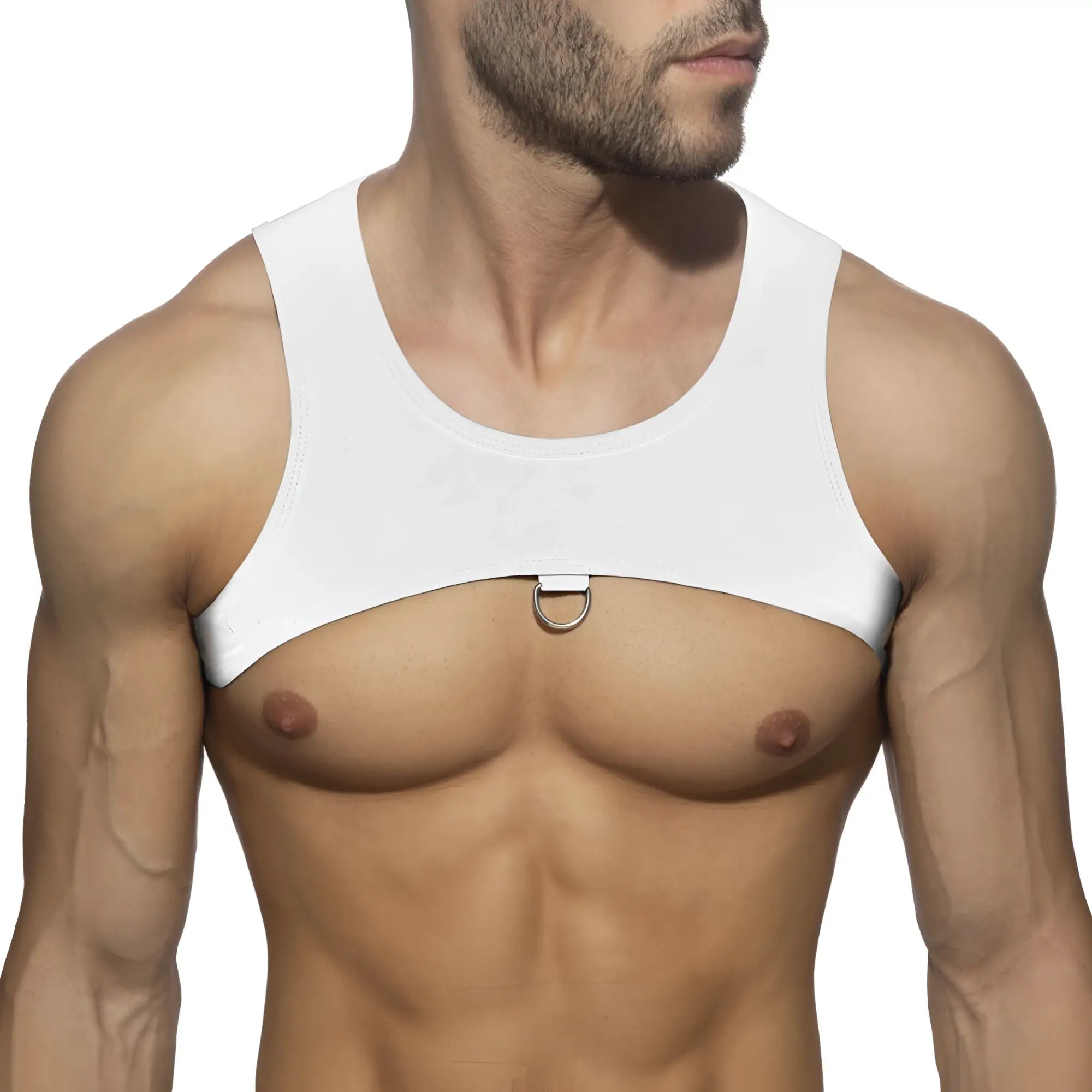 White sleeveless top with central metal ring at the chest from the ring plan harness collection