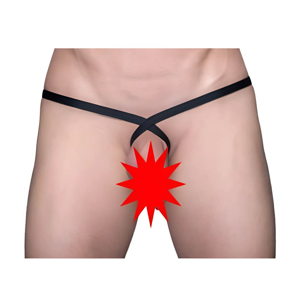 Black satin ring thong with crossed waistband design shown from the back in a thong and sock bundle product