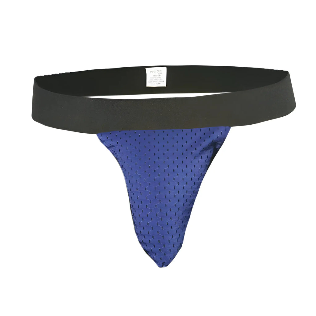 Blue mesh ring thong with black elastic waistband shown from the back in thong and sock bundle product