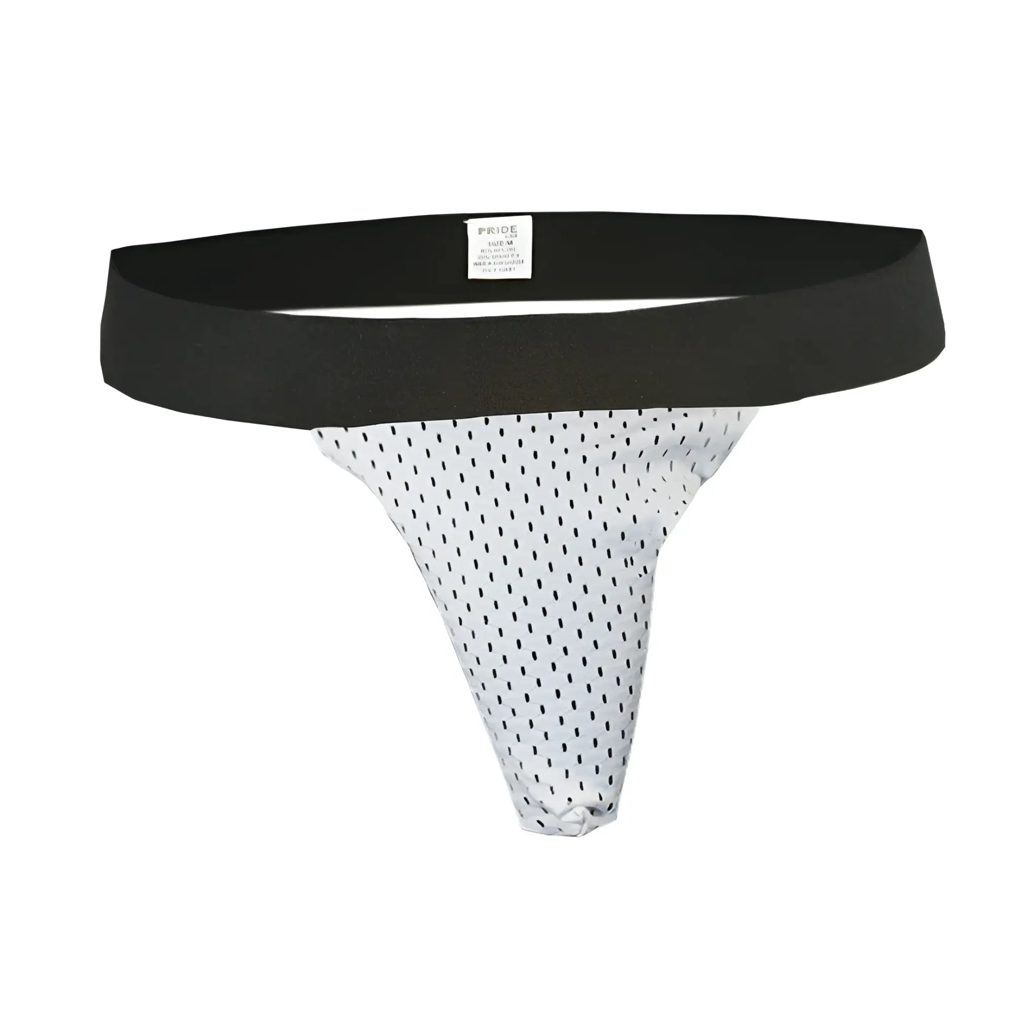 Ring thong mesh thong with black polka dots and solid black waistband shown from the back in sock bundle set
