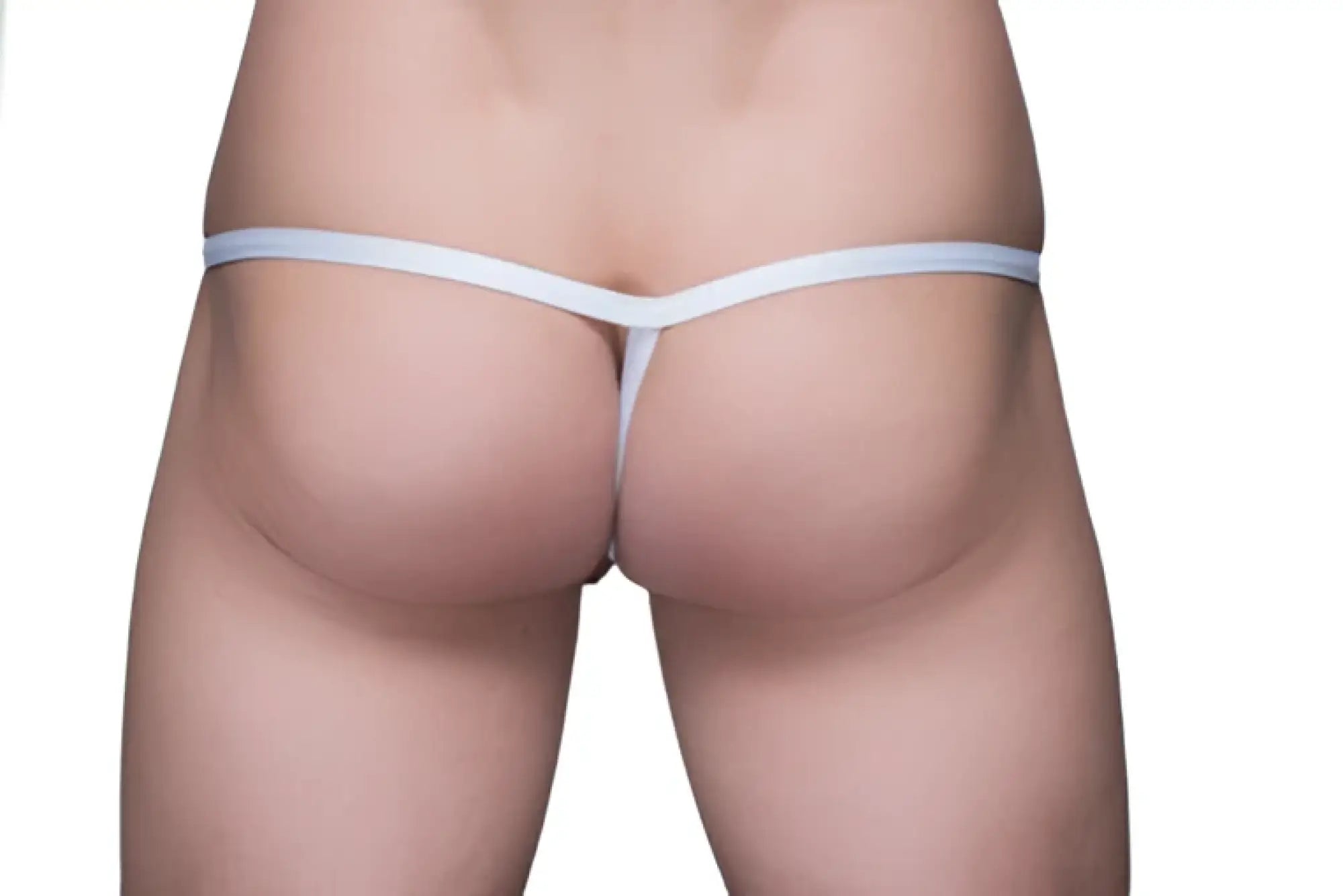 White thong underwear with a thin seamless design shown from the back in the ring thong and sock bundle