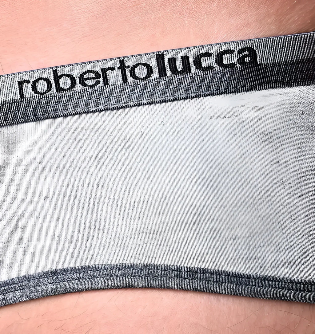 Gray heathered roberto lucca men’s brief underwear with black elastic waistband and brand logo in size small