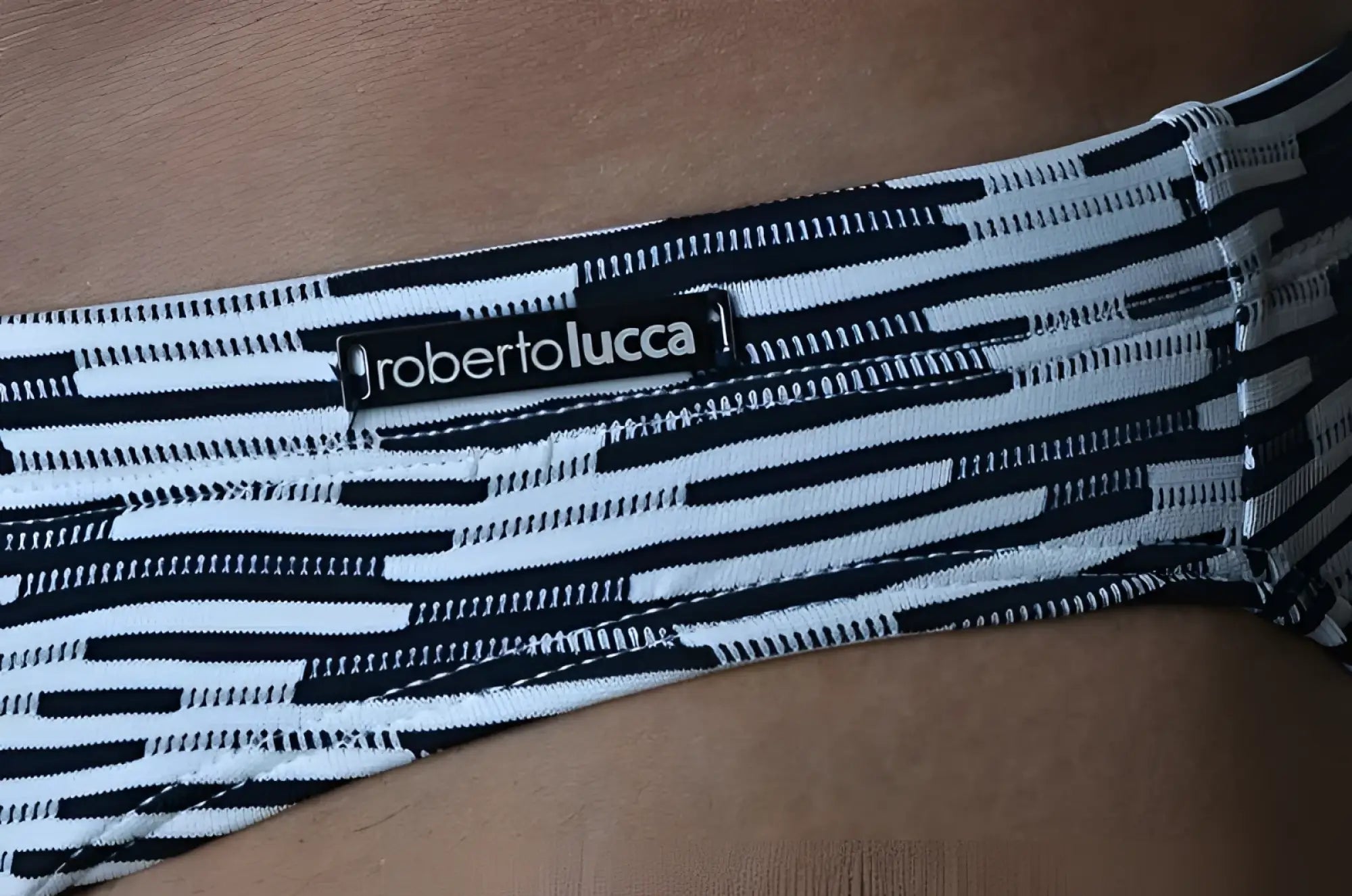 Black and white striped roberto lucca matteo bikini bottom with modern geometric pattern size L back side view