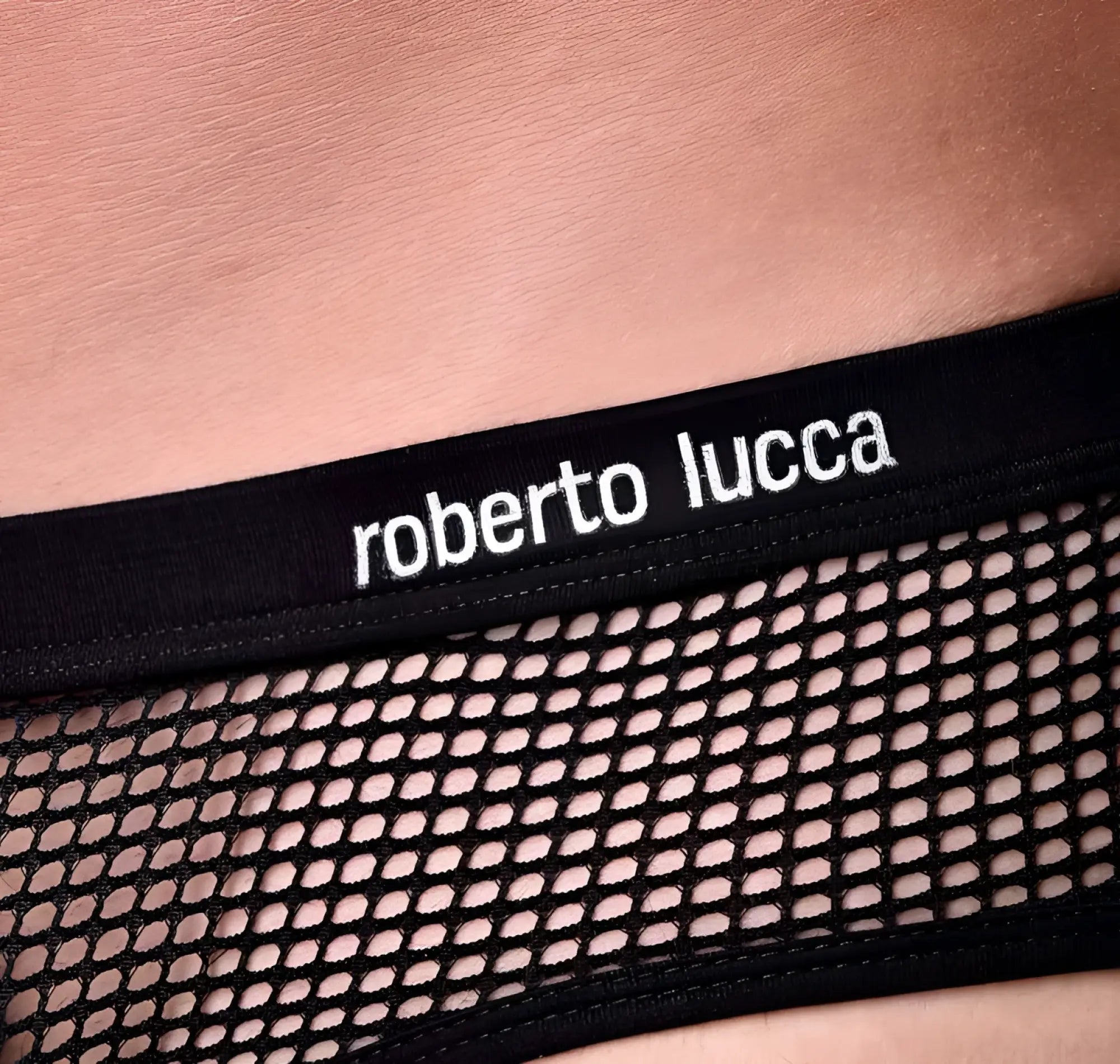 Black mesh Roberto Lucca trunk underwear with solid black elastic waistband and white embroidered branding size L