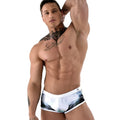White swim trunks by roberto lucca with black and green palm tree print square cut in size 2xl