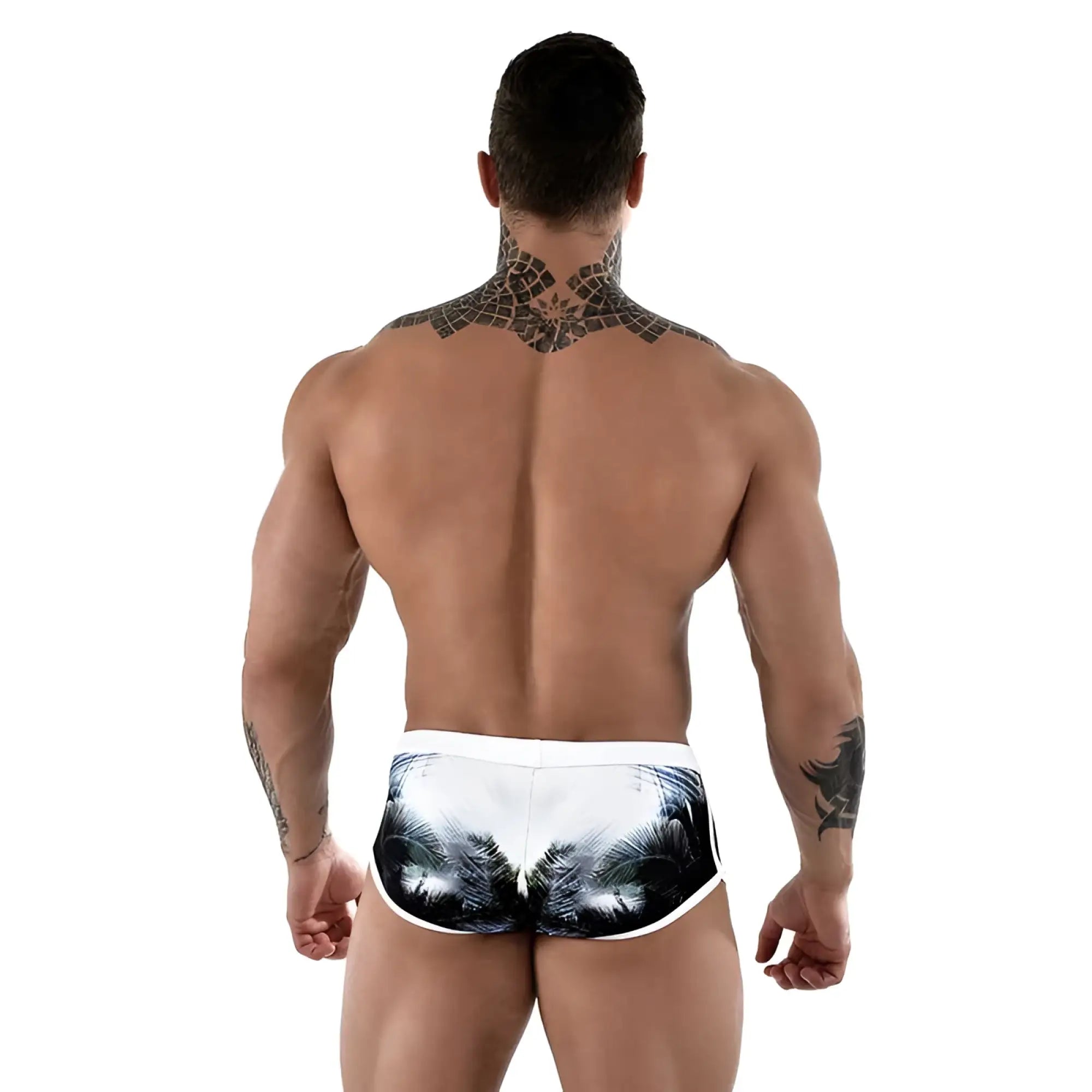White swim trunks with black and gray palm tree print from roberto lucca square cut trunk swimwear size 2xl