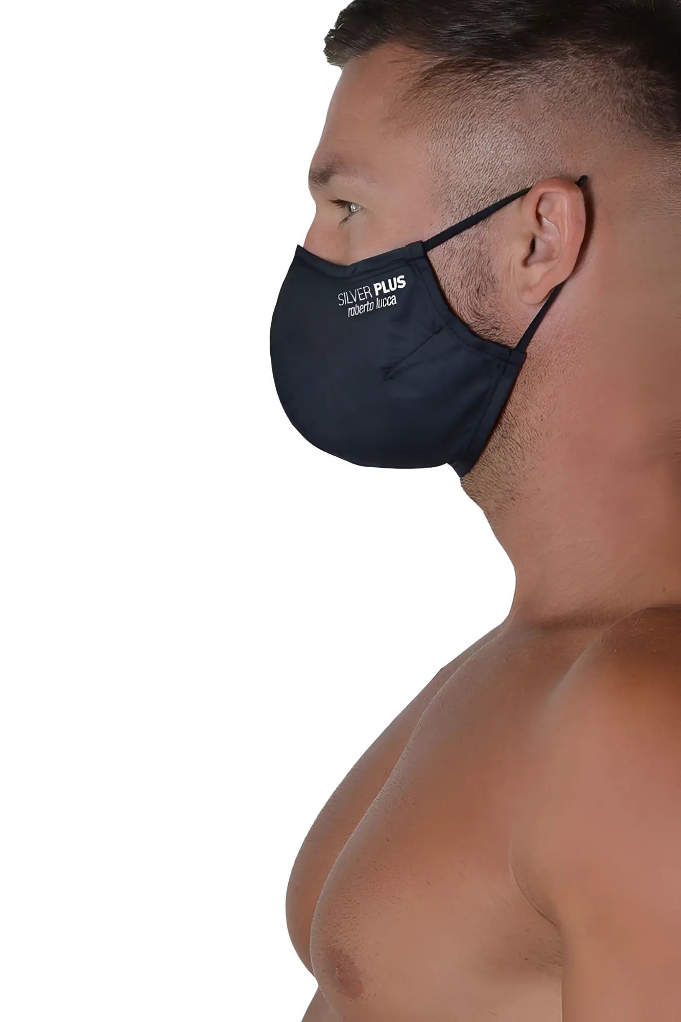 Black Roberto Lucca silver plus antibacterial fabric face mask with white silver plus and matera lucca text size M