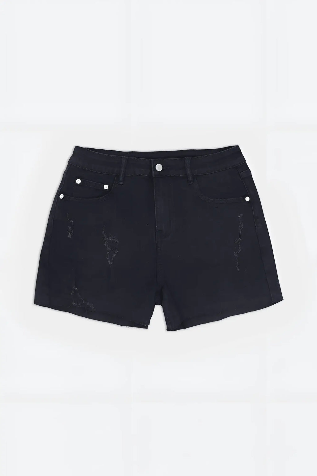 Rockstar raw cut 2.5 inch black denim short shorts with distressed patches and white button accents