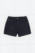 Rockstar raw cut 2.5 inch black denim short shorts with distressed patches and white button accents