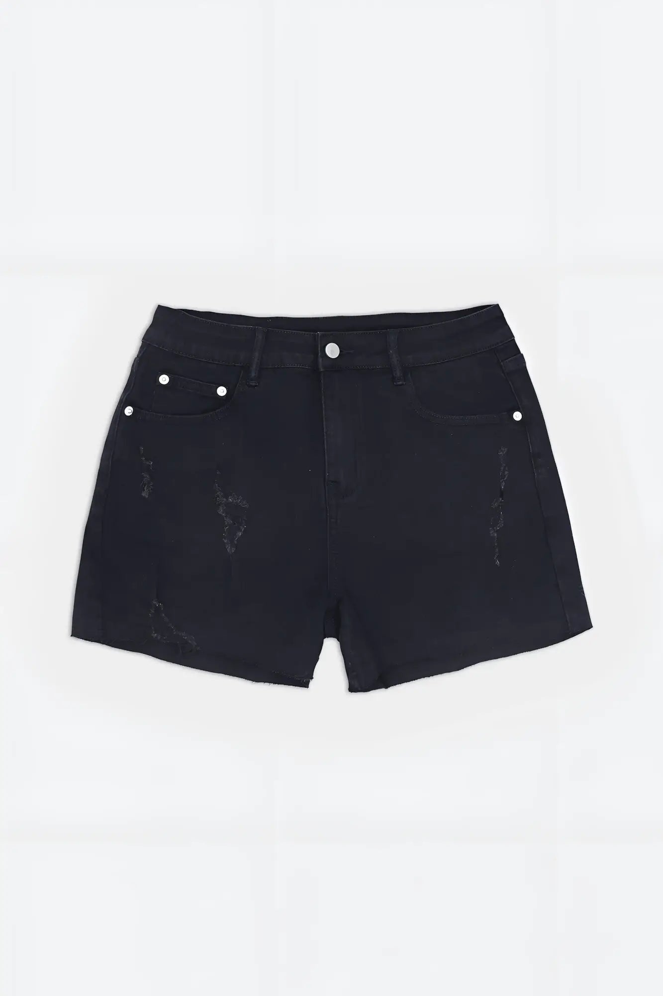 Rockstar raw cut 2.5 inch black denim short shorts with distressed patches and white button accents