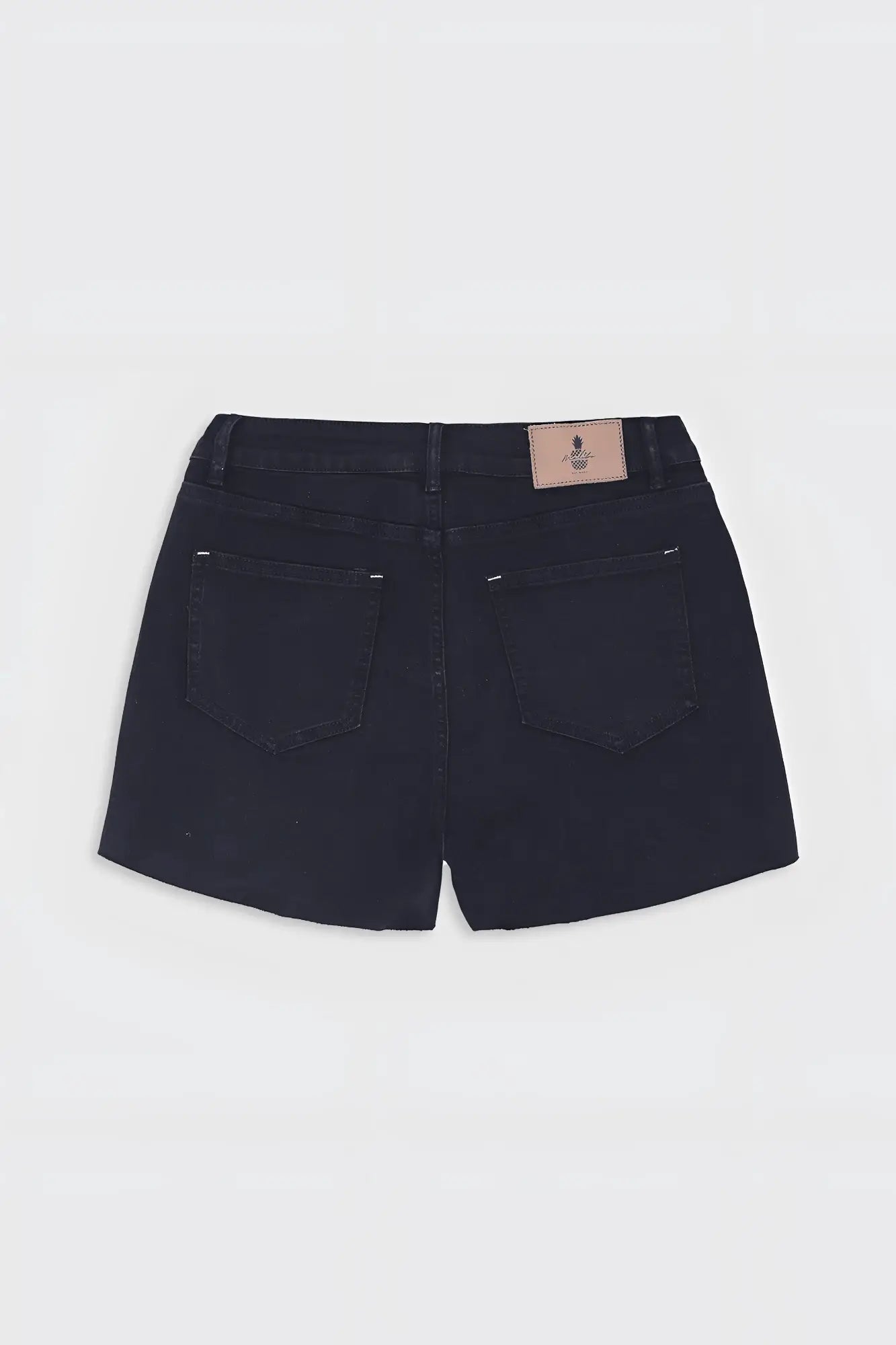 Black denim rockstar raw cut 2.5 inch shorts with subtle faded wash and small light brown leather brand patch at waistband