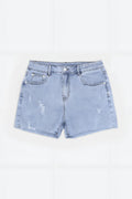 Rockstar raw cut 2.5 inch denim short shorts in capri blue light-wash with distressed frayed hem and five pockets