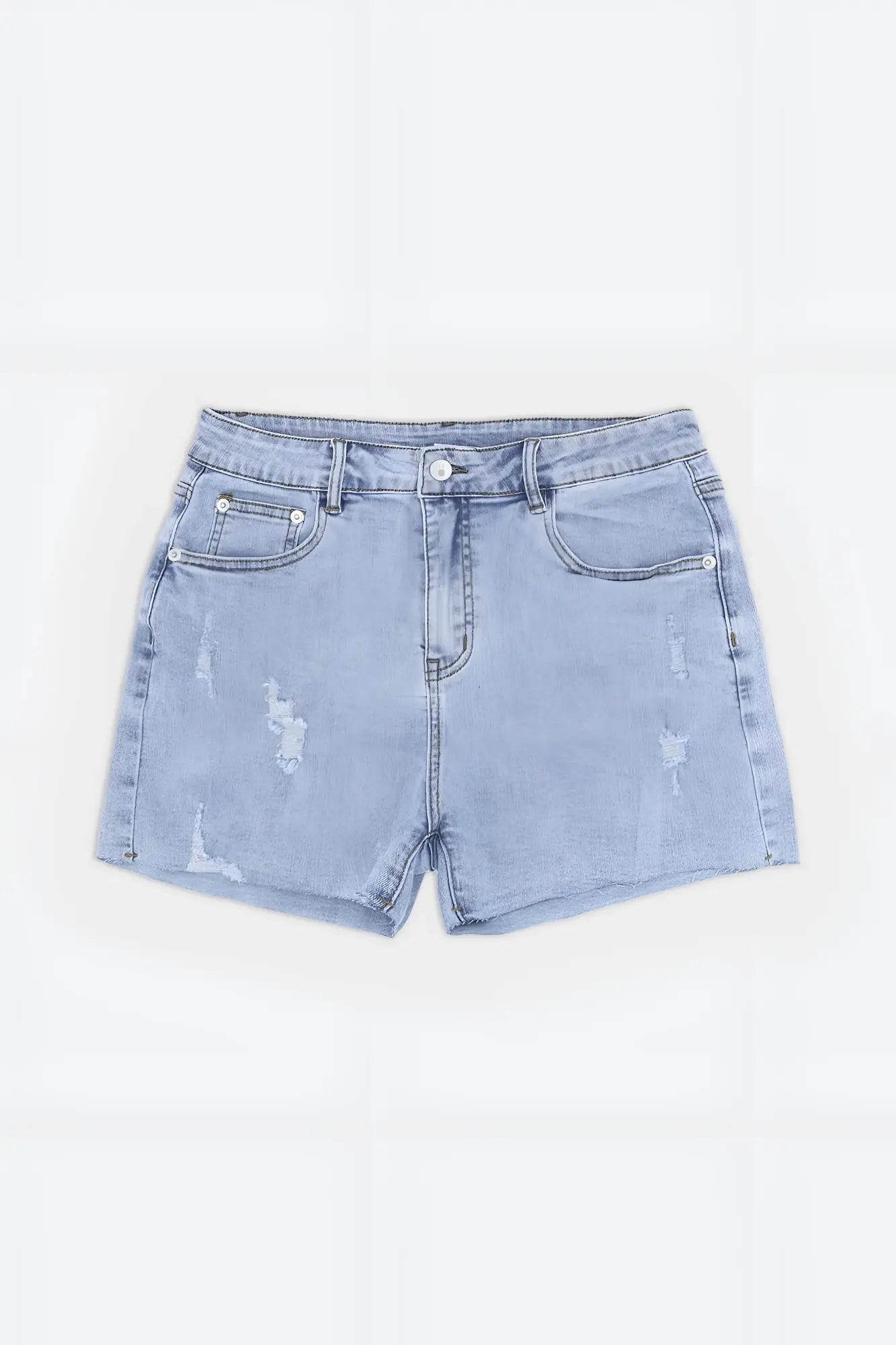 Rockstar raw cut 2.5 inch denim short shorts in capri blue light-wash with distressed frayed hem and five pockets