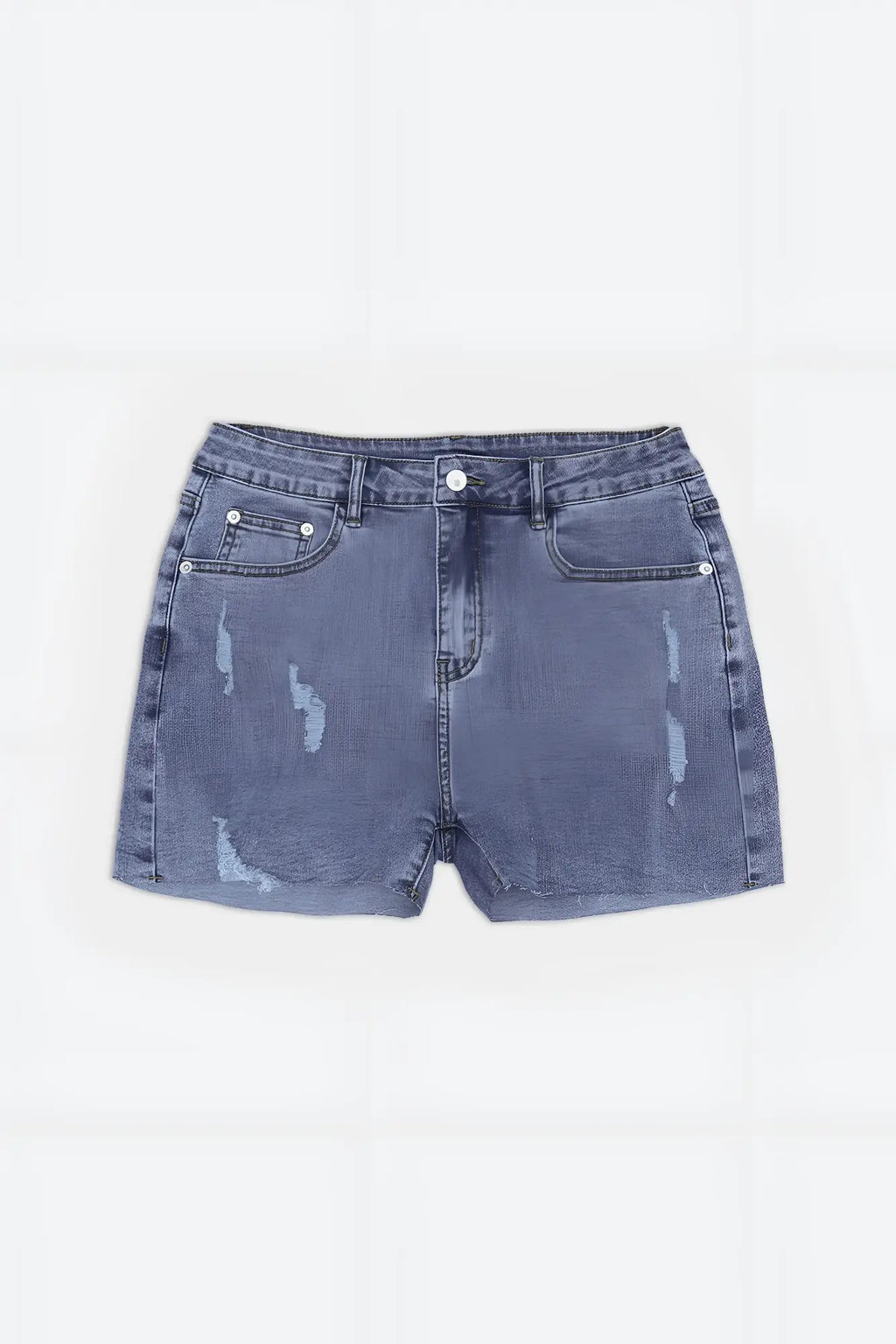 Rockstar Raw Cut 25 inch washed blue denim short shorts with distressed fade and frayed hem