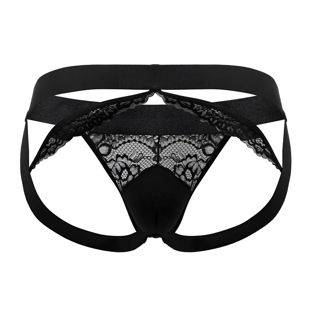 Roger smuth rs005 black men’s briefs with black lace trim, solid black elastic waistband and leg straps