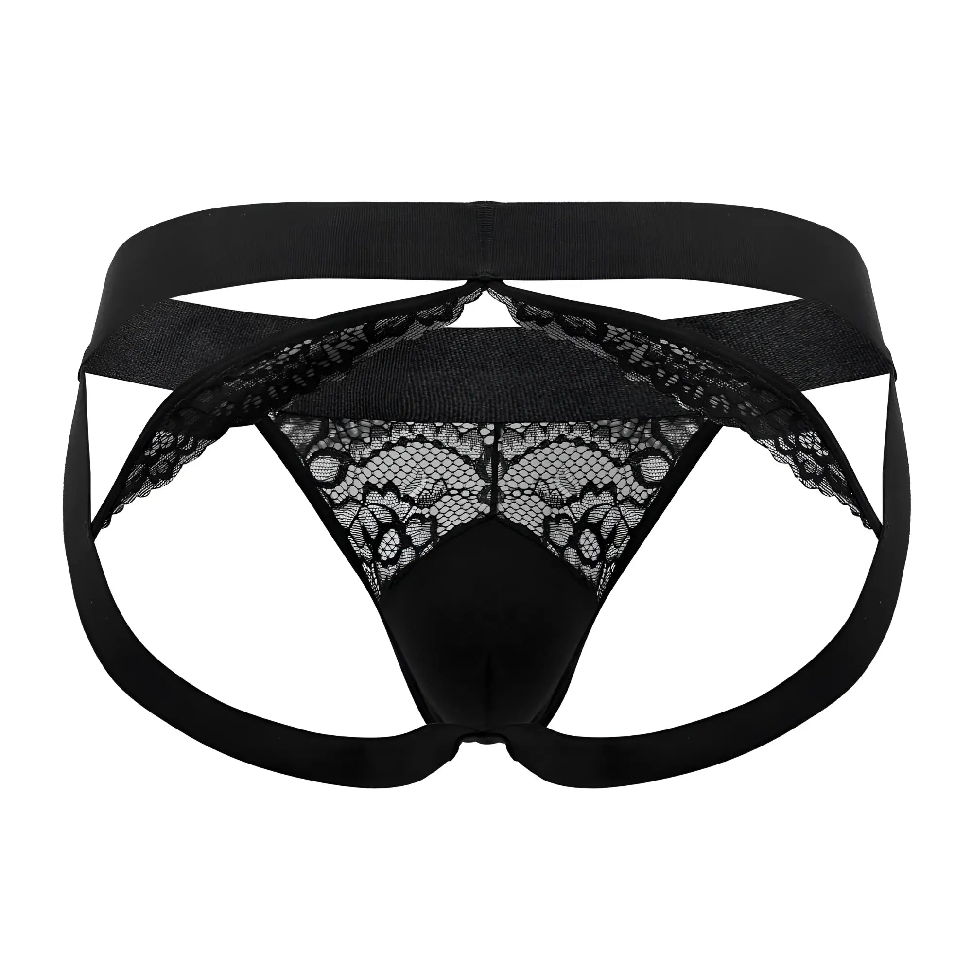 Roger smuth rs005 black men’s briefs with black lace trim, solid black elastic waistband and leg straps