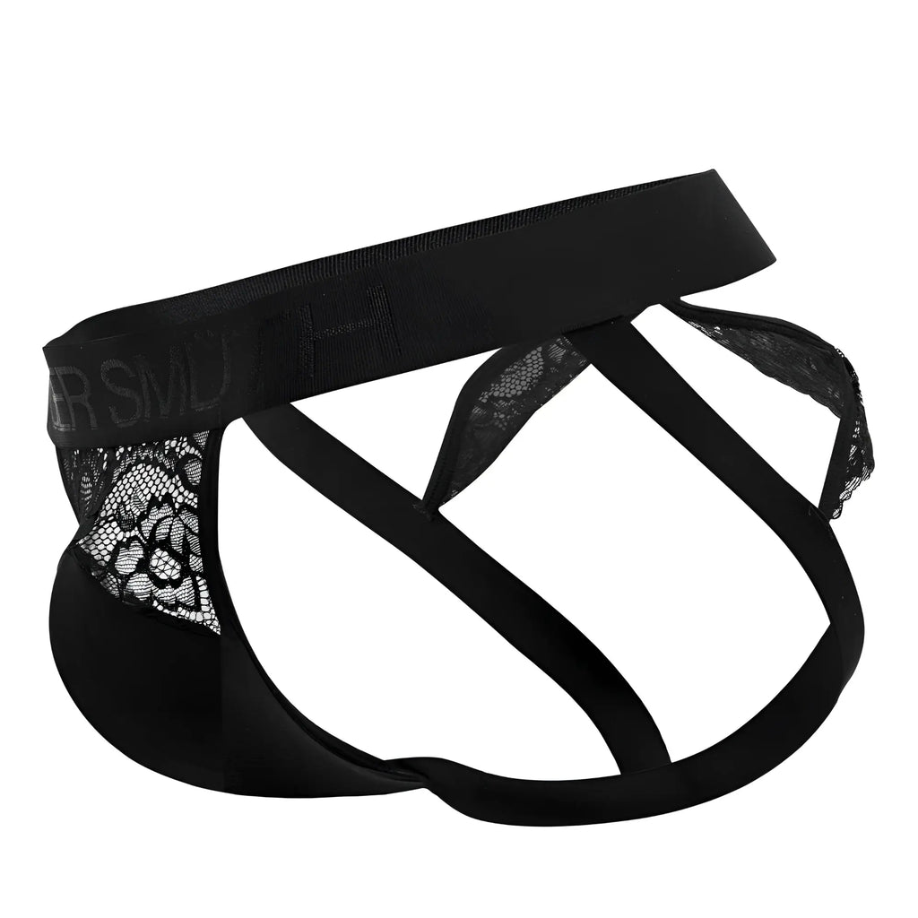 Roger smuth rs005 jockstrap black men’s briefs with black lace trim solid waistband and supportive straps front view