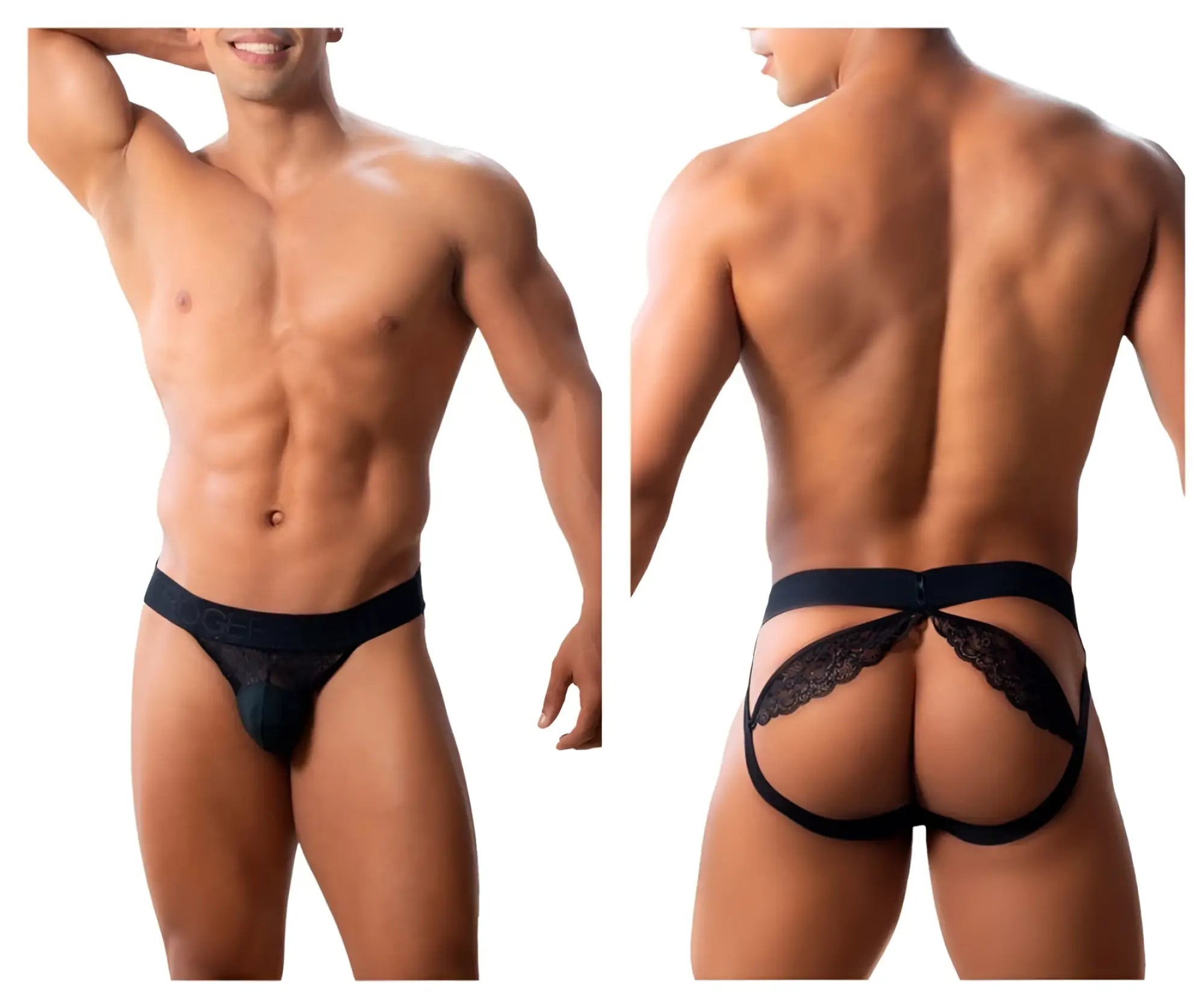 Black lace-trimmed roger smuth rs005 jockstrap men’s thong with supportive backband in black shown from the back