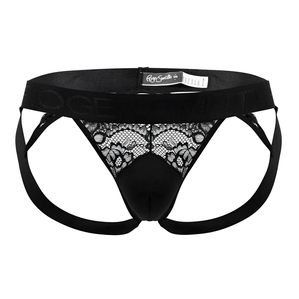 Black lace-trimmed roger smuth rs005 jockstrap briefs with solid black elastic waistband and rags smith co label