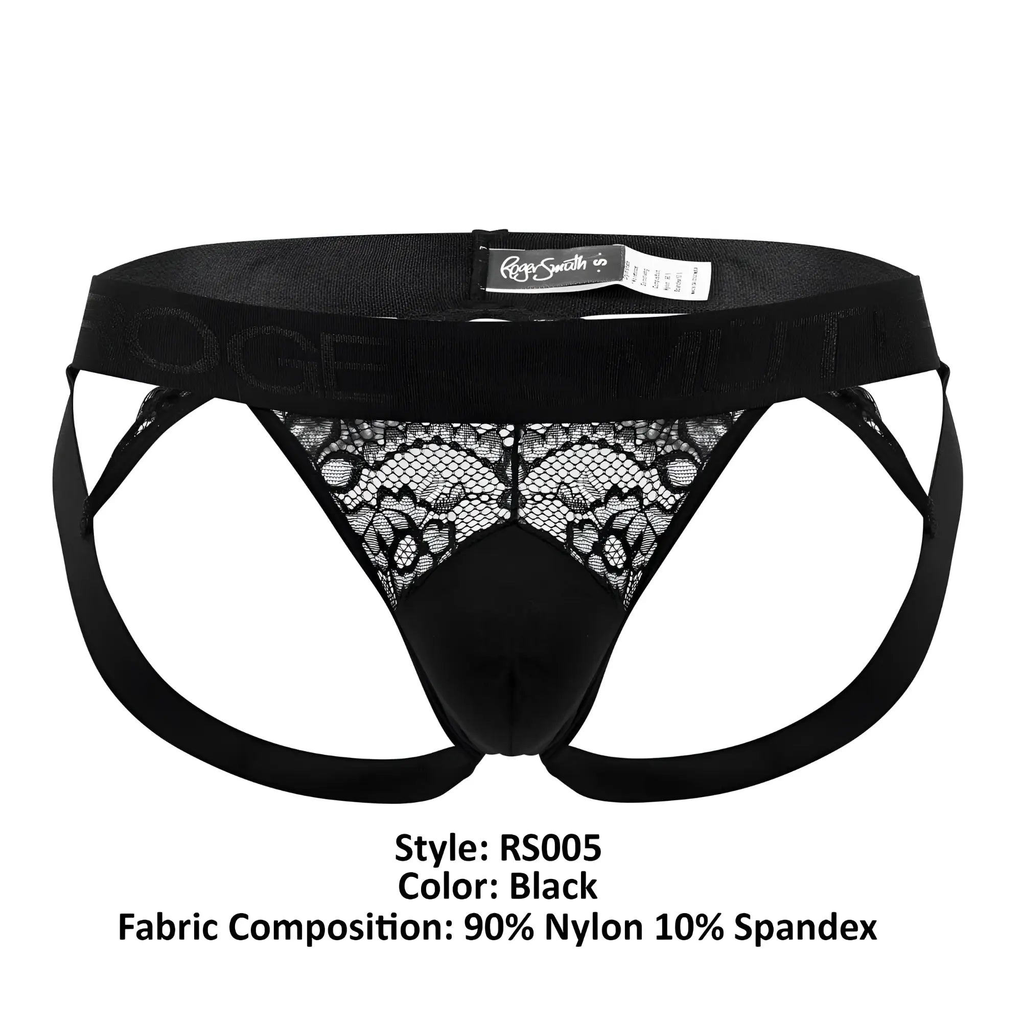 Black lace trimmed briefs Roger Smuth RS005 jockstrap in black with supportive elastic waistband and adjustable side straps