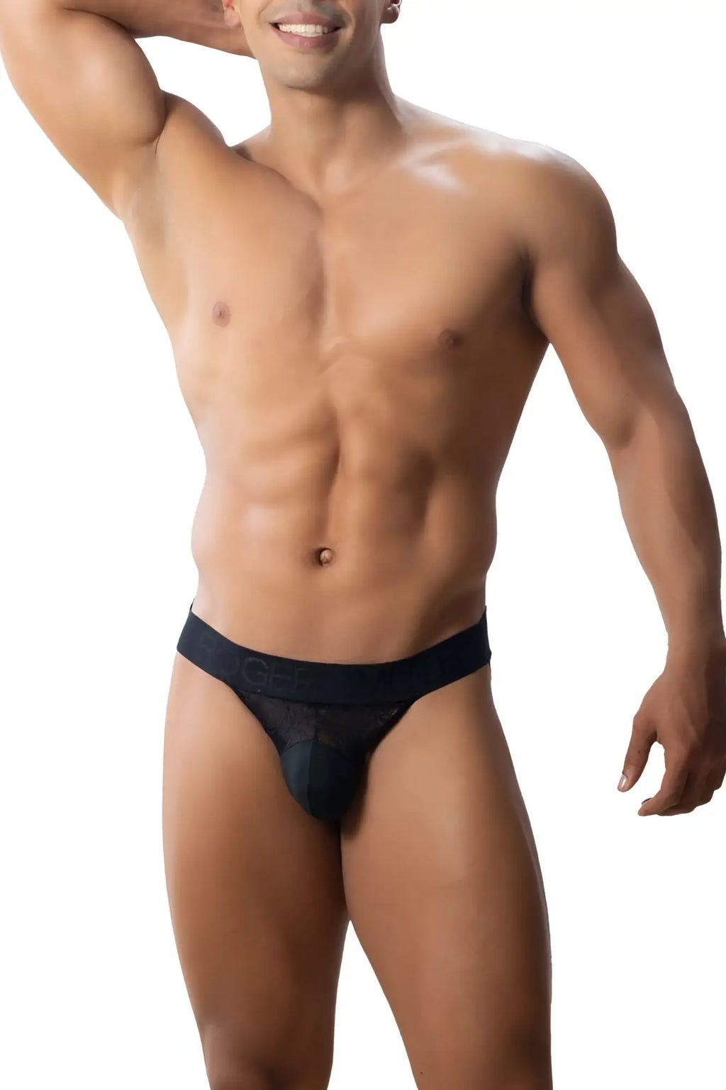 Roger smuth rs005 jockstrap in black mesh briefs with subtle pattern and elastic waistband front view