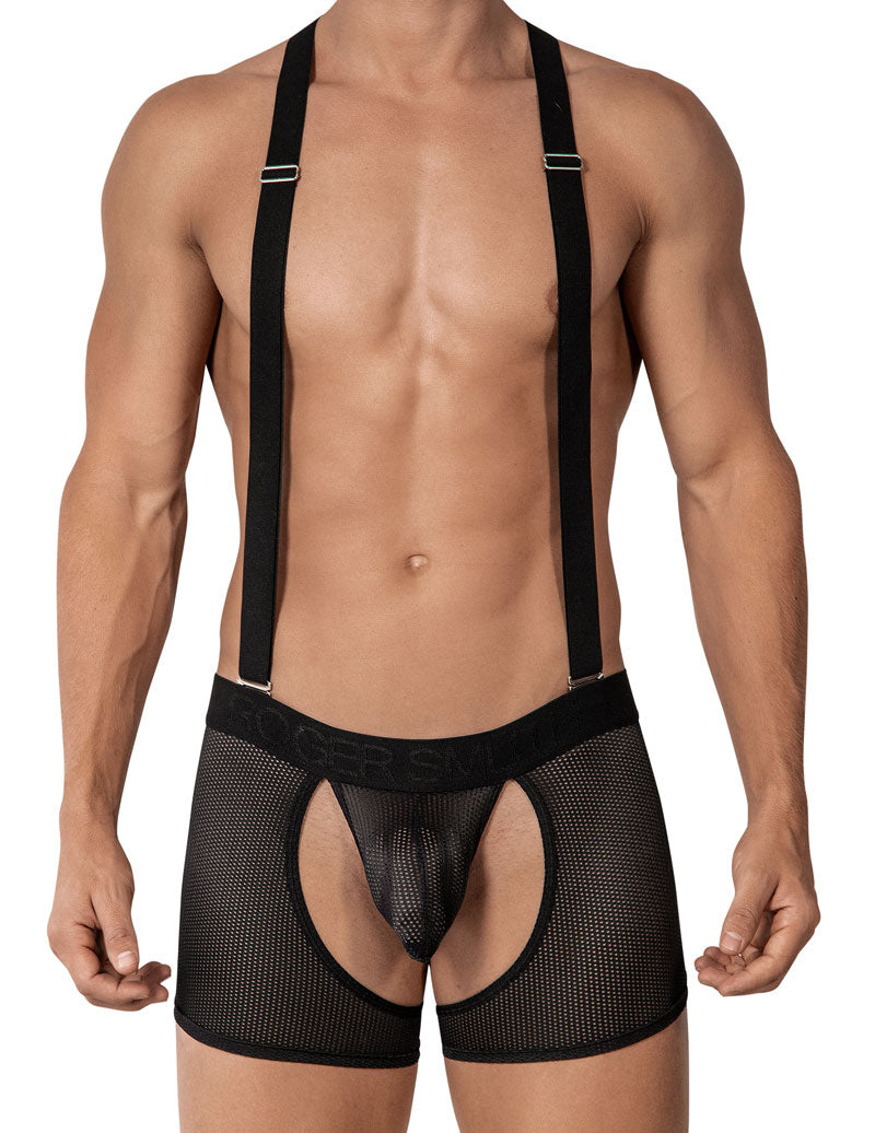 Roger Smuth Suspenders Mesh Chaps Jock Boxer Jock Strap Underwear Black RS017 Size M