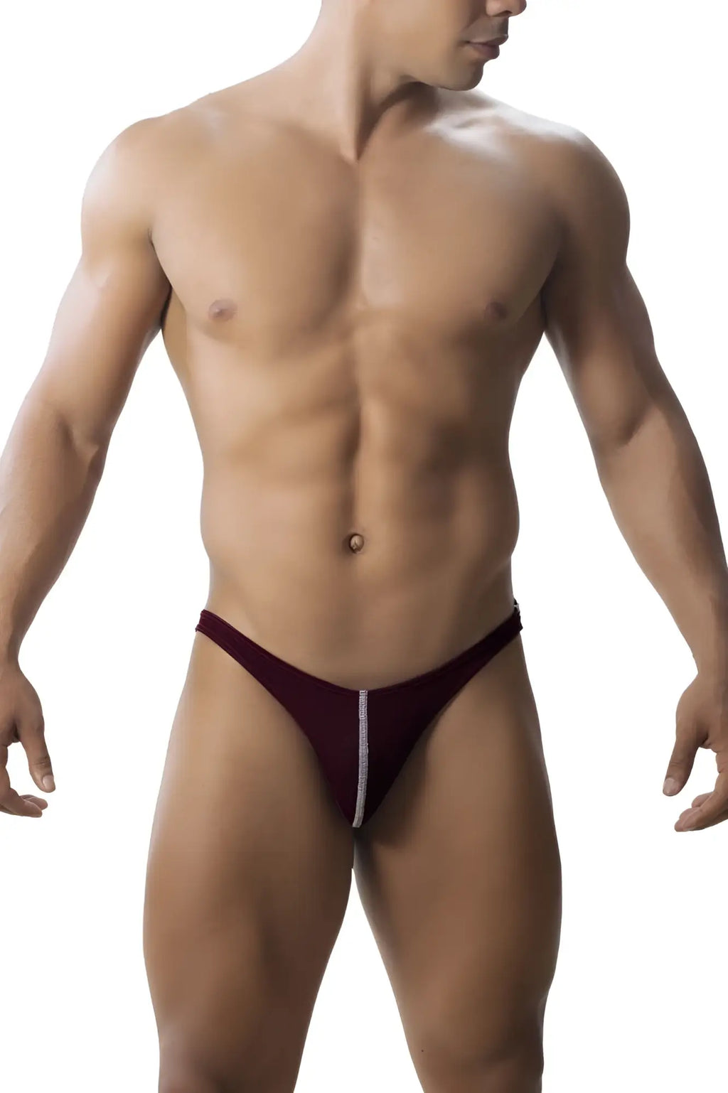 Roger smuth rs018-1 burgundy jockstrap with silver zipper detail down the center in maroon thong style
