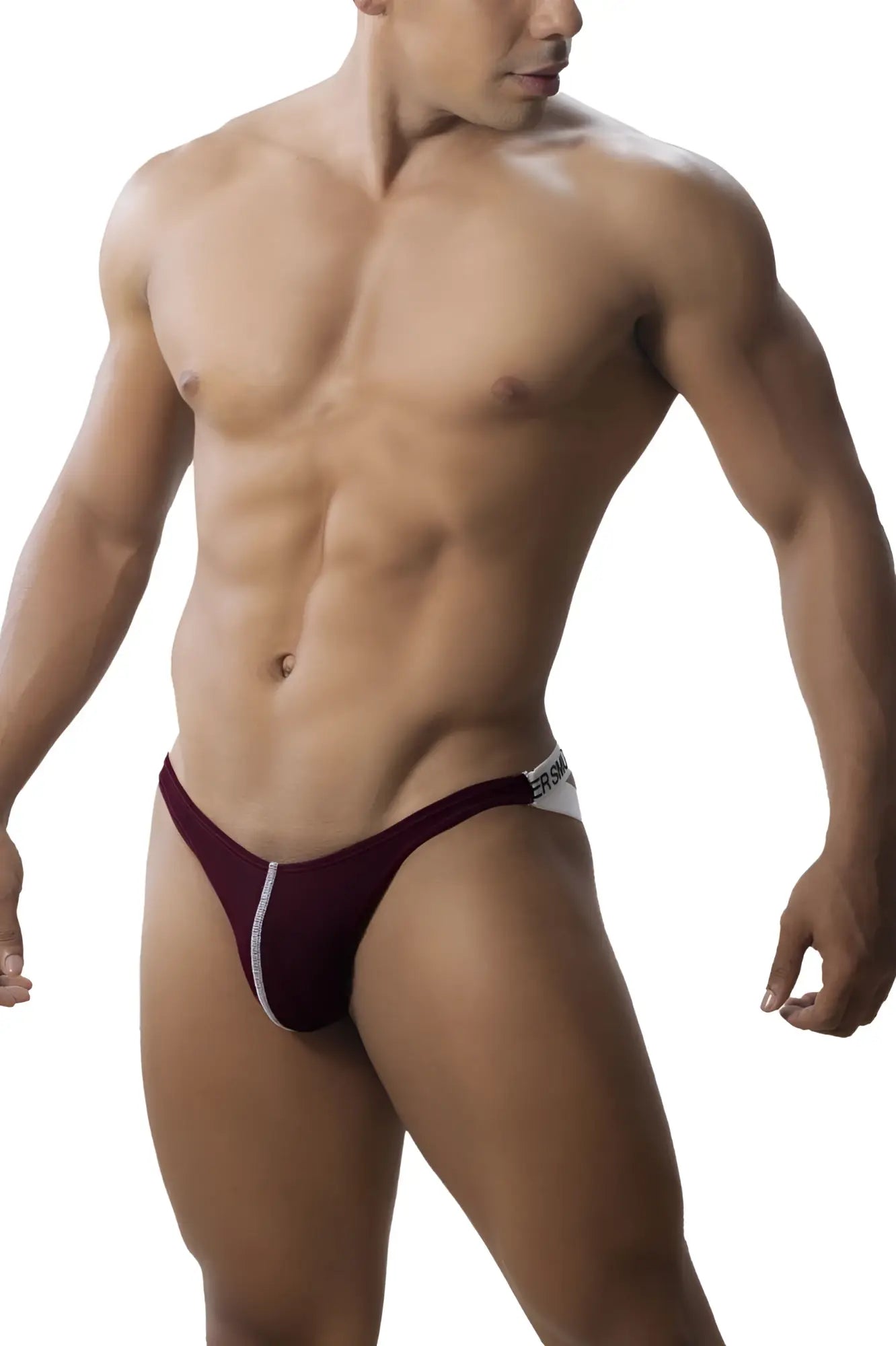 Roger Smuth RS018-1 jockstrap in burgundy maroon and white with sleek form-fitting athletic design