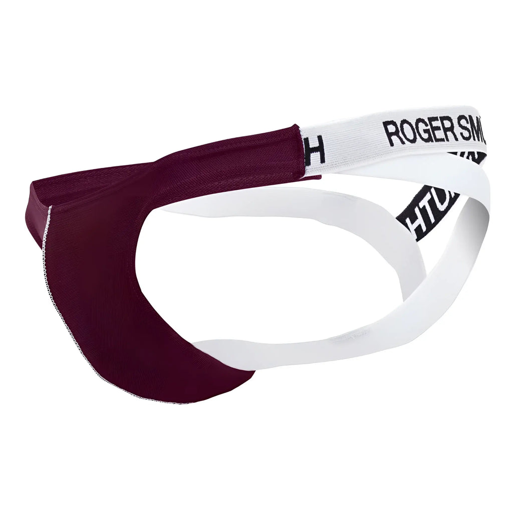 Roger Smith RS018-1 burgundy athletic briefs with maroon and white colors and a mesh front panel