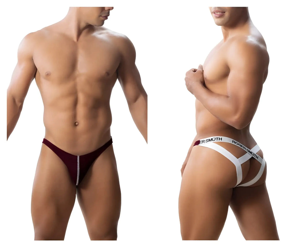 Maroon and white roger smith rs018-1 jockstrap briefs with a central zipper detail in burgundy color