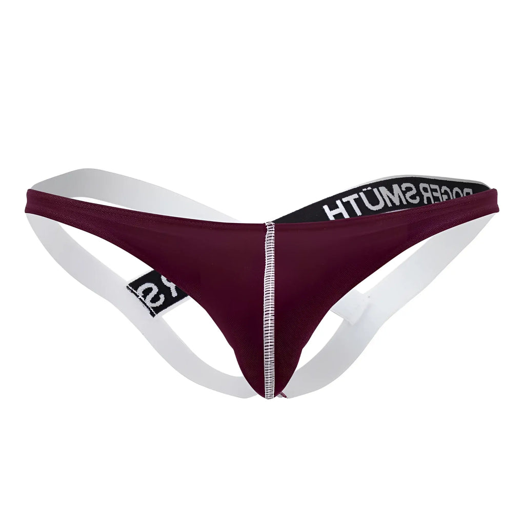 Maroon and white thong jockstrap with black elastic waistband and roger smith branding in bold white letters